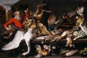 Франс-Снейдерс-Натюрморт-с-мертвыми-животными-фруктами-на-рынке-1614