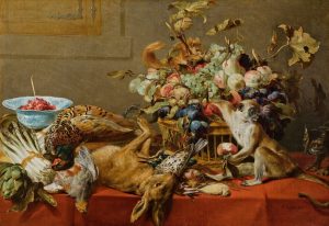 Франс-Снейдерс-Натюрморт с фруктами мертвыми животными овощами обезьяной белкой и котом